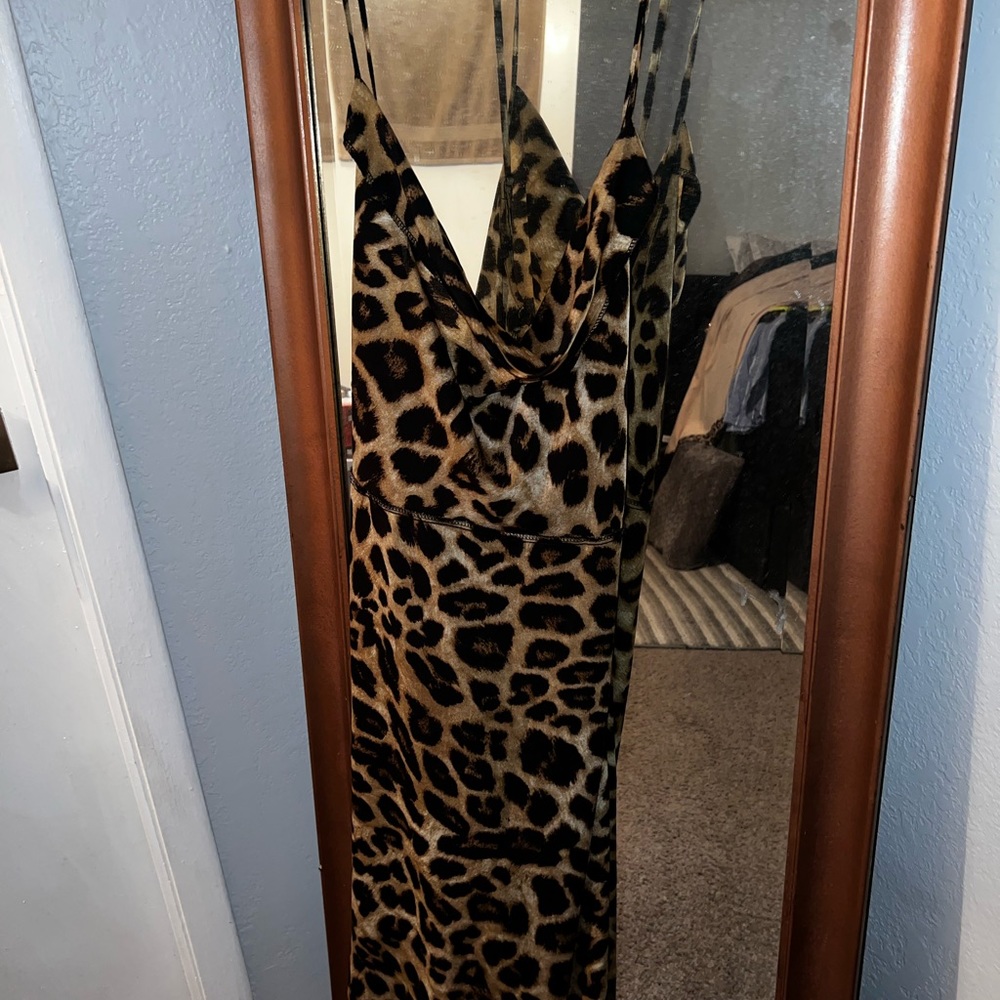 Leopard print cowl neck strap midi dress